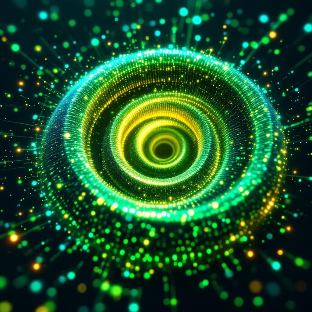 Luminous spiral flywheel of accumulating data nodes representing compounding organizational intelligence